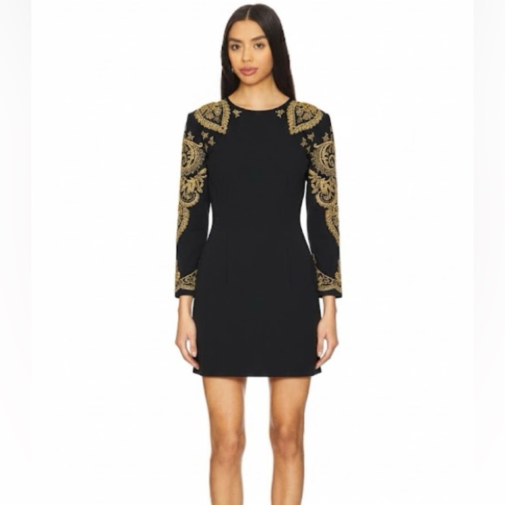 The Kooples Gold Embroidered Knit Shoulder Pad Embellished Ornate Mini Dress